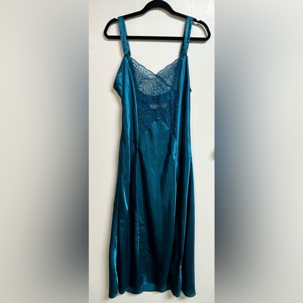 Vintage Victoria’s Secret Gold Label 90’s Y2K Satin Teal Slip Dress Nightgown M - Picture 2 of 7